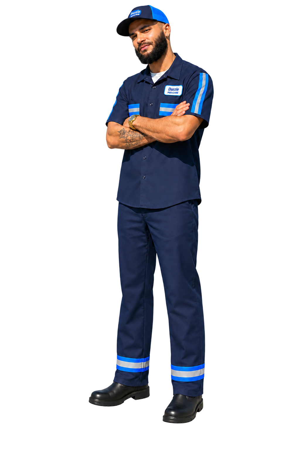 A smiling Dazzle Roadcare technician standing confidently with folded arms