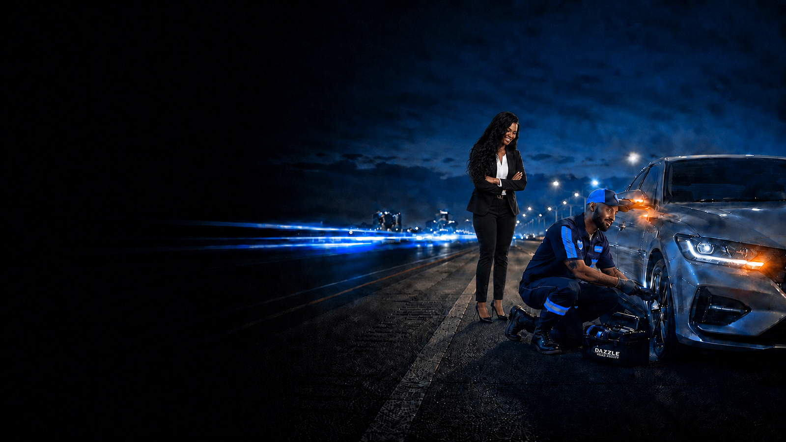 A roadside technician helping a stranded driver beside a disabled car at night